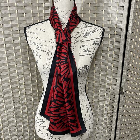 Talbots 100% Silk Scarf Red Navy Floral 12” X 60” Oblong Rectangle Versatile EUC - Picture 2 of 8